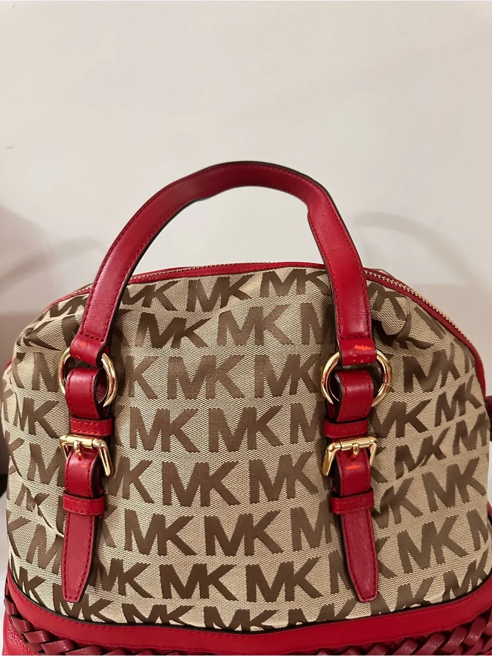 Michael Kors Beige MK Monogram Satchel with Red Trim